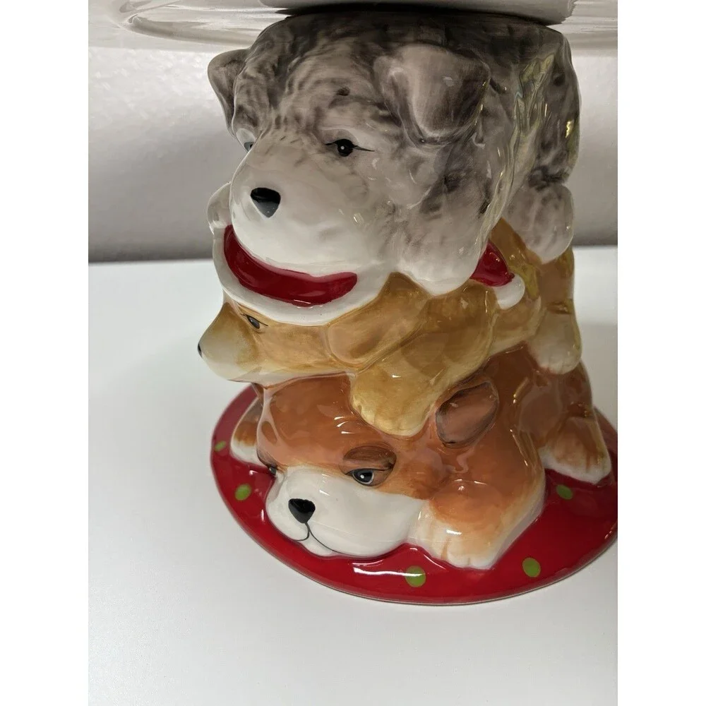 PIER 1 CAKE PLATE STACKED DOGS CHRISTMAS Park Ave. Puppies -Retired